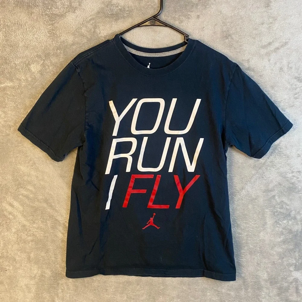 Jordan T-Shirt Mens M You Run I Fly Graphic Jumpman Black Short Sleeve EUC
